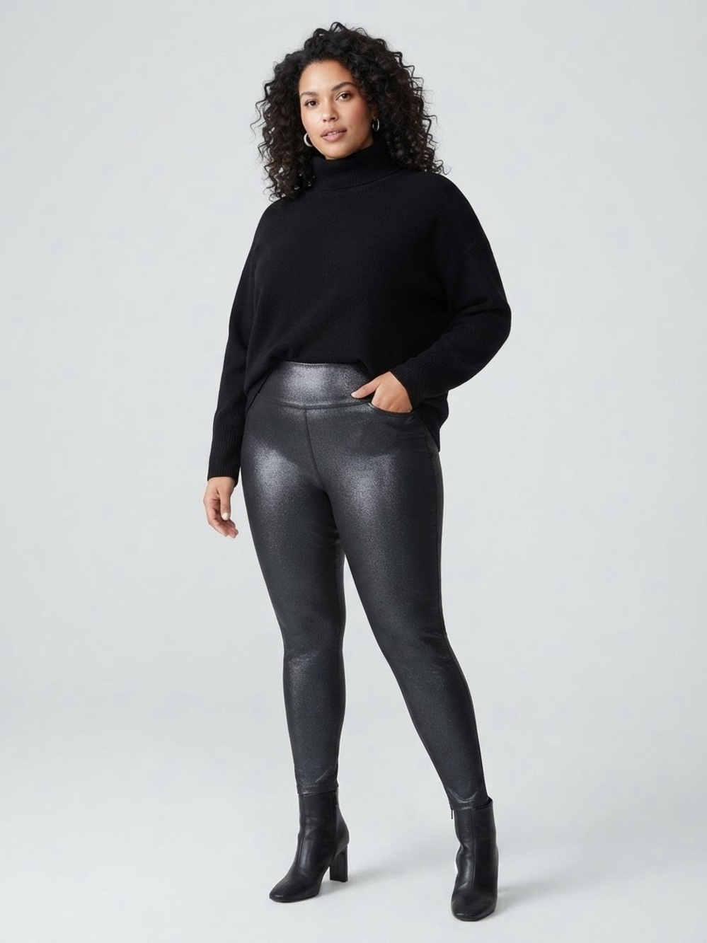SPANX Black Metallic Shimmer Faux Leather Shaping Leggings Size 2X
